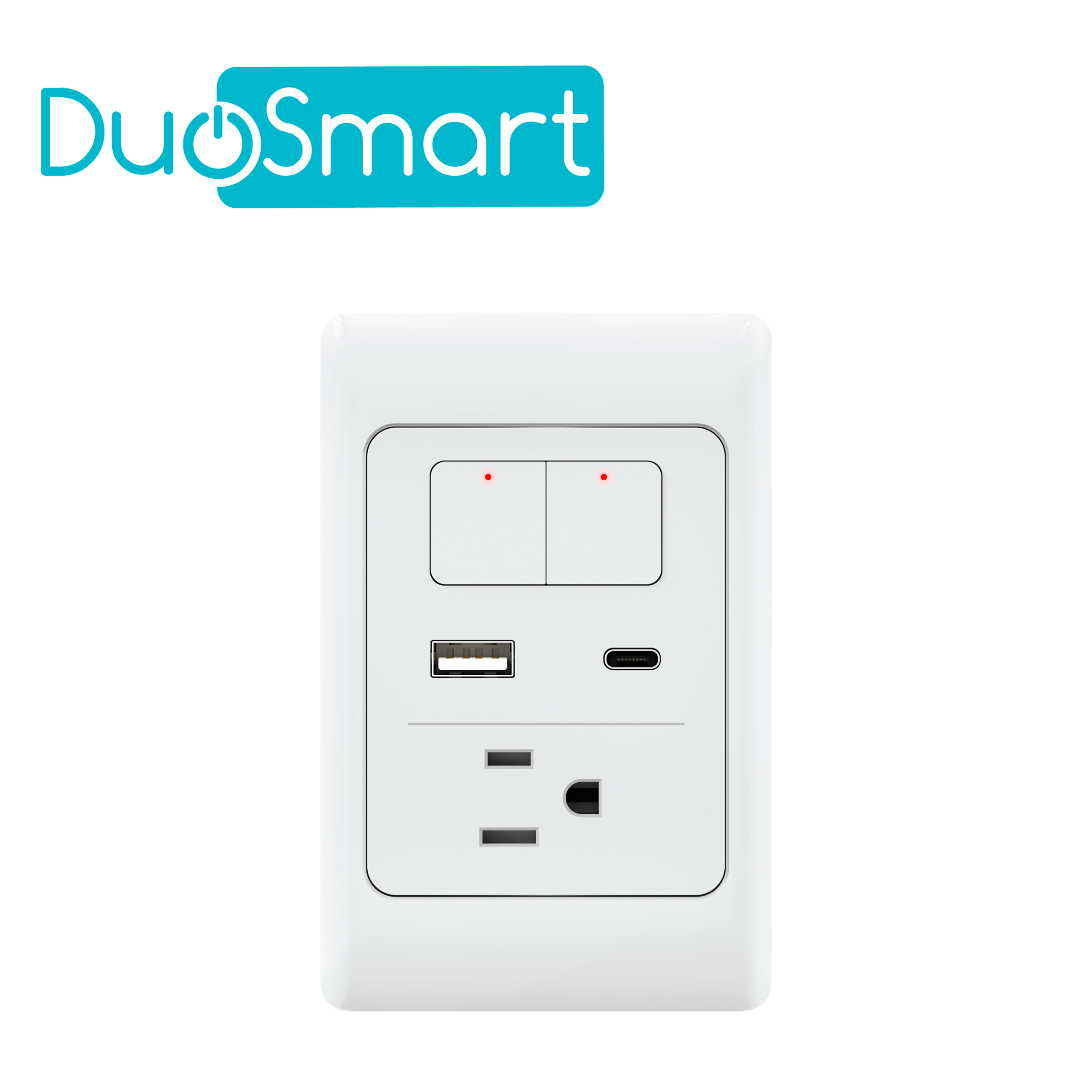 APAGADOR Y CONTACTO TOMACORRIENTE DUOSMART A70 / 2 BOTONES-UNIDADES / 1 CONTACTO / 1 PUERTO USB / 1 PUERTO USB-C / WIFI 2.4 GHZ / COMPATIBLE CON ALEXA Y GOOGLE HOME / TEMPORIZADORES / ESCENAS DE AUTOMATIZACION