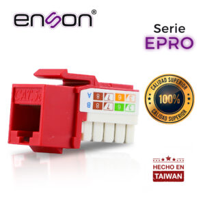 CONECTOR MODULAR JACK RJ45 ENSON EPRO-JACK5E-RD SERIE PRO, POSICION VERTICAL CAT5E COLOR ROJO COMPATIBLE CON PLACAS ENSON EPRO-FP REQUIERE USO DE PINZAS EPRO-JACKTOOL