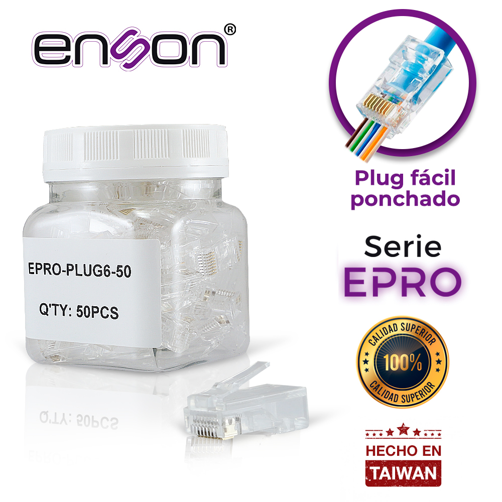 PLUG FACIL PONCHADO ENSON EPRO-PLUG6-50 BOTE DE 50 PZS PARA CABLE UTP CAT6 CON SISTEMA DE PASO DE CABLES PASSTRU QUE FACILITA EL PONCHADO DE CABLE UTP YA QUE SE PUEDE IDENTIFICAR ERRORES DE MANERA MAS FACIL, REQUIERE USO DE PINZAS EPRO-PLUGTOOL