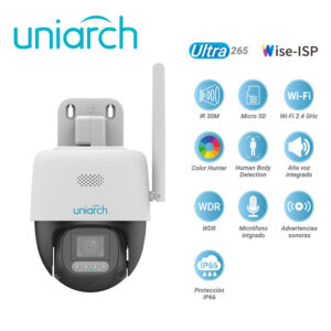 CAMARA IP PT WI-FI CLOUD GRATUITO 7 DIAS COLORHUNTER WISE-ISP UNIARCH UHO-P3C-M5F4 / 5MP / LENTE-4MM / DWDR / LUZ-CALIDA30M / MICROSD512GB / MICRÓFONO+ALTAVOZ-INTEGRADO / ADVERTENCIAS-SONORAS+LUMINOSAS /HUMAN-BODY-DETECTION / WI-FI2.4 / IP66 / ULTRA 265 / 12 VCD