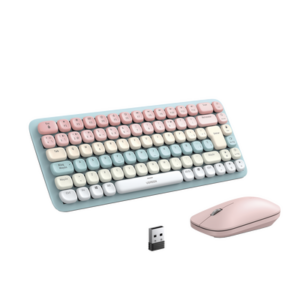 Paquete de Teclado y Mouse | 85 teclas en Español | Bluetooth y 2.4GHz |  Mouse Ambidiestro  | Sensor de DPI ajustable | Efectos de Iluminación del Teclado | Amplia compatibilidad | Color Rosa.