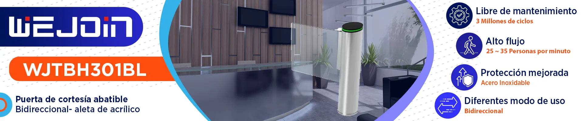 WEJOIN WJTBH301BL - Puerta de Cortesia Abatible Bidireccional 3 Millones de Ciclos, 25 - 35 Aperturas por Minuto Aleta de Acrílico, Compatible con Controles de Acceso - Image 2