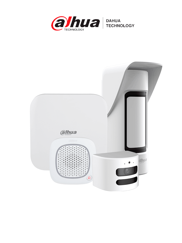 DAHUA KIT HUB 2.0 - Paquete de sistema de alarma inalámbrica, Incluye: panel de alarma HUB2, sirena inalámbrica con audio bidireccional, PIR para exterior y su módulo de cámara HD