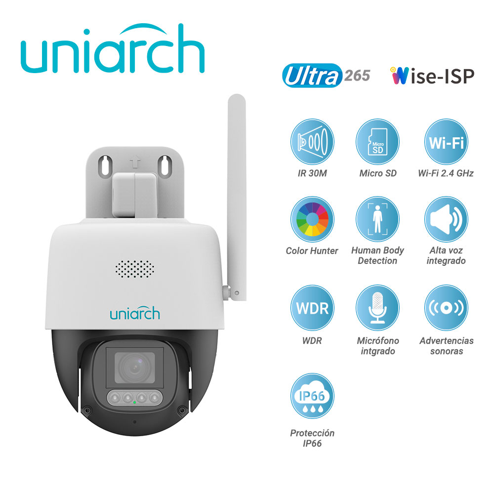 CAMARA IP PT WI-FI CLOUD GRATUITO 7 DIAS COLORHUNTER WISE-ISP UNIARCH UHO-P3C-M5F4 / 5MP / LENTE-4MM / DWDR / LUZ-CALIDA30M / MICROSD512GB / MICRÓFONO+ALTAVOZ-INTEGRADO / ADVERTENCIAS-SONORAS+LUMINOSAS /HUMAN-BODY-DETECTION / WI-FI2.4 / IP66 / ULTRA 265 / 12 VCD