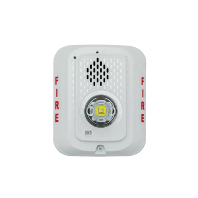 Sirena con Lámpara LED Estroboscópica / a 2 Hilos / Montaje en Pared / 24 Vcd / Configuración Estroboscópica Seleccionable / Texto en Inglés / Color Blanca