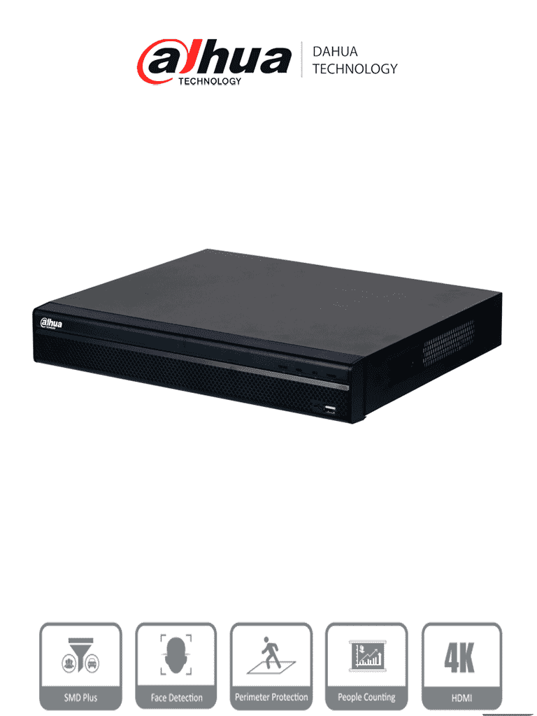 DAHUA DHI-NVR4216-4KS3 NVR de 8 Megapixeles/ 4k/ 16 Canales IP/ Rendimiento de 160 Mbps/ Smart H.265+/ 2 Bahias de Discos Duros/ 4&2 E&S de Alarmas/ HDMI&VGA/ Soporta Cámaras WizSense/ 4 canales SMD Plus