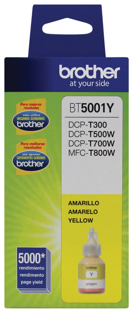 Tóner – Botella de tinta Brother BT5001Y amarillo – rendimiento aproximado 5, 000 páginas, compatible con DCPT220, DCPT520DW, DCPT720DW, MFCT920DW