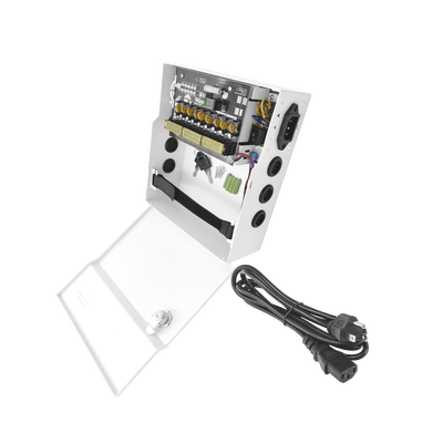 Fuente de Poder con ajuste de voltaje de 11- 15 Vcc / 10 A / 9 Salidas / Capacidad de Batería de Respaldo / Requiere Batería / Voltaje de Entrada 96-264 Vca