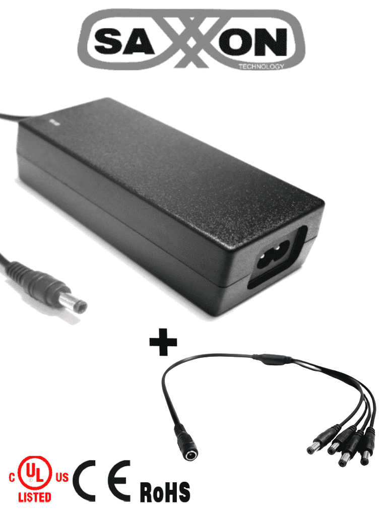 SAXXON PSU1204EPAQ2 – Paquete de Fuente de Poder Regulada de 12 Vcc 4.1 Amperes + Divisor para 4 Camaras/ Color Negro/ Para Usos Multiples: Sistemas de CCTV, Acceso, ETC/ Certificacion UL/