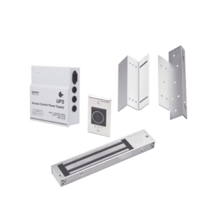 Kit para control de acceso incluye Fuente de 12VCD con respaldo de batería/ Chapa magnética de 600Lbs / Montajes L y Z / Botón de salida