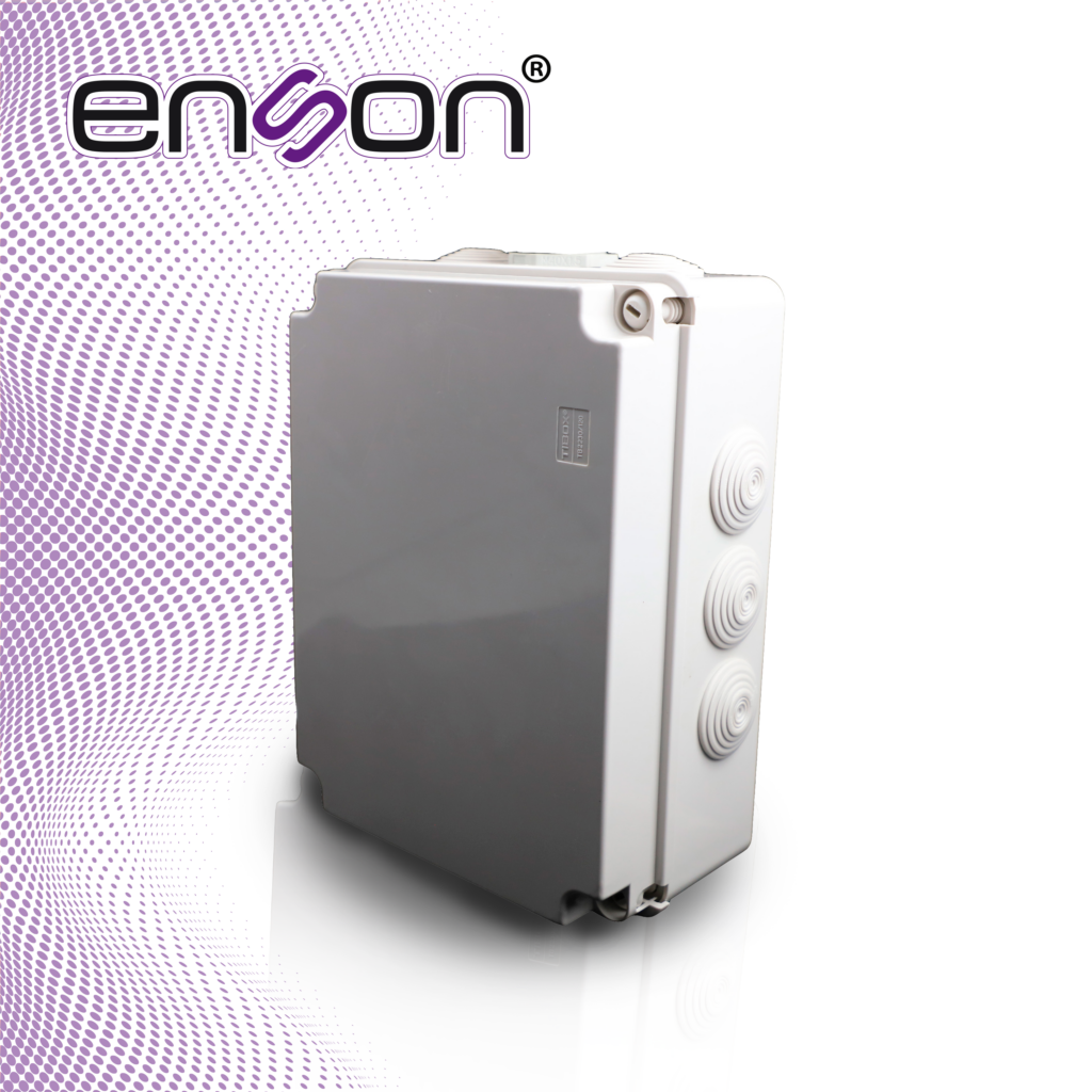 CAJA PLASTICA RECTANGULAR ENSON ENS-NEM22 TIPO ESTANCA FABRICADA EN PLASTICO ABS GRIS DE ALTA RESISTENCIA / DIMENSIONES 220 × 300 × 120 MM / GRADO DE PROTECCION IP55 / TAPA FIJADA CON TORNILLOS PLASTICOS DE SUJECION / DISENO ROBUSTO PARA APLICACIONES ELECTRICAS Y ELECTRONICAS / COMPATIBLE CON GLANDULA ENS-CG40