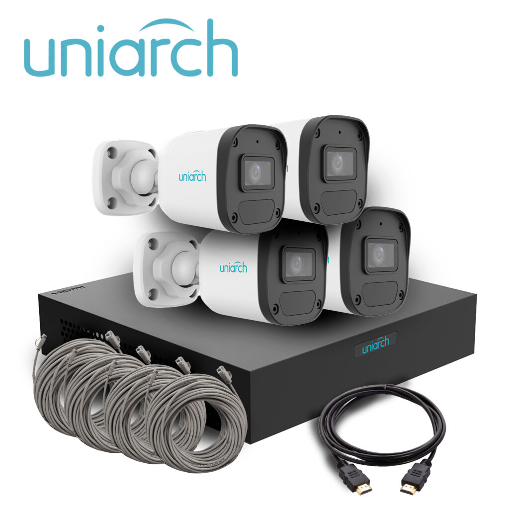 Kit Videovigilancia UNIARCH IPKIT-104S-4BC – 4 Cámaras IP Bullet 2MP, NVR 4 Puertos PoE, Detección Humana, IP67