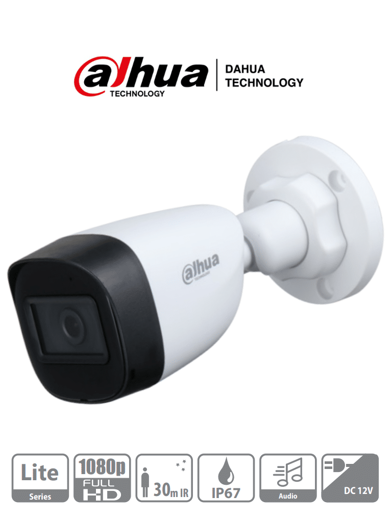 DAHUA HAC-HFW1200CN-A - Cámara Bullet 1080p/ Micrófono Integrado/  Lente de 2.8mm/ 30 Mts de Ir/ IP67/ Policarbonato/ CVI/CVBS/AHD/TVI/ BLC/HLC/DWDR