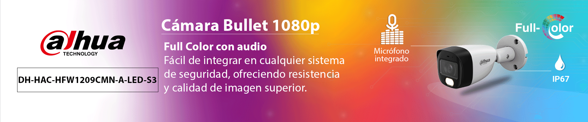 DAHUA HAC-HFW1209CM-A-LED-0280B-S3 - Cámara Bullet Full Color 1080p lente de 2.8 mm y ángulo de 108°. Micrófono integrado, WDR digital y 20 m de iluminación. Carcasa metálica IP67 para máxima resistencia. Compatible con CVI, CVBS, AHD y TV. - Image 2