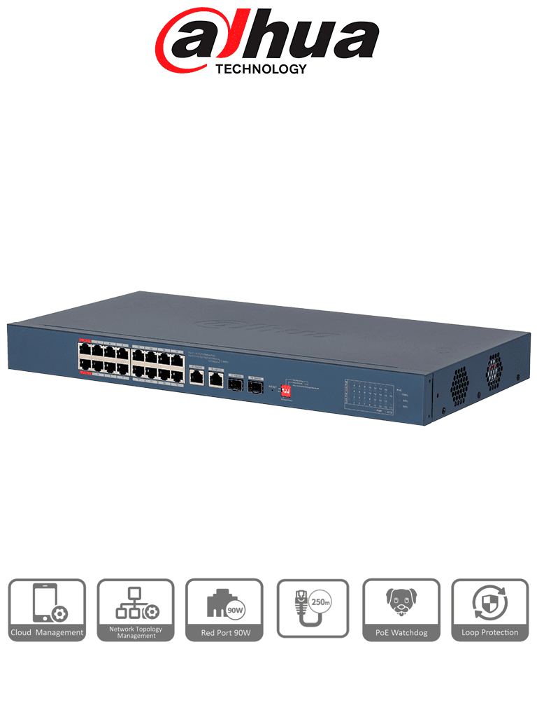 DAHUA DH-CS4218-16ET-135-V2 – Switch PoE de 18 Puertos/ 16 Puertos Poe 10 & 100/ 2 Puertos Uplink G# + 2 Puertos SFP/ 135 Watts Totales/ Administrable en la Nube por DoLynk Care/ PoE Hasta 250 Metros/ Metal/ Switching 7.2 Gbps