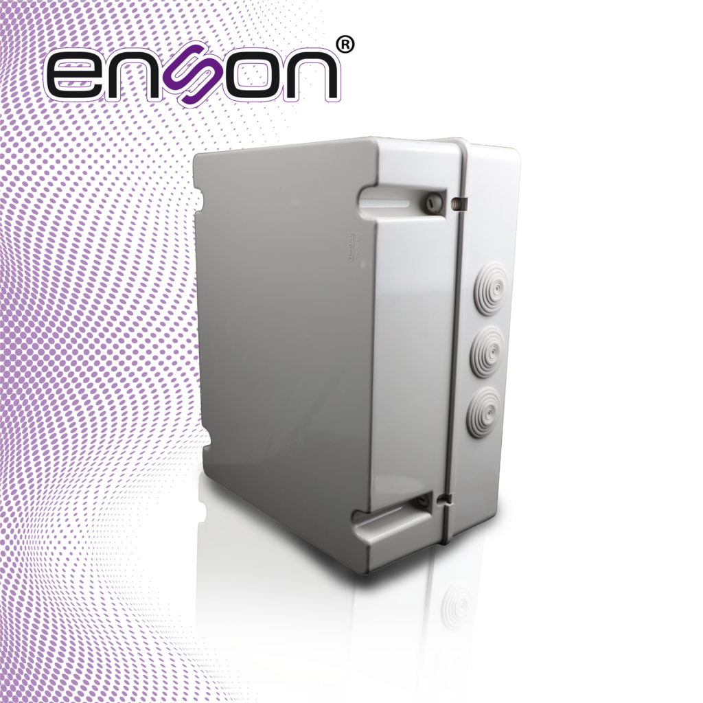 CAJA PLASTICA RECTANGULAR ENSON ENS-NEM30 FABRICADA EN PLASTICO ABS GRIS / MEDIDAS 300 × 380 × 160 MM / GRADO DE PROTECCION IP55 / TAPA FIJADA CON TORNILLOS PLASTICOS PARA MAYOR HERMETICIDAD / DISENADA PARA INSTALACIONES ELECTRICAS Y ELECTRONICAS / COMPATIBLE EN GLANDULA ENS-CG40