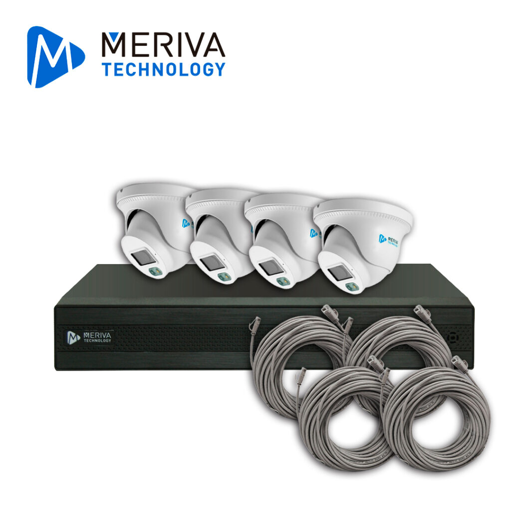 Kit Videovigilancia IP MERIVA TECHNOLOGY MKIP2MP-4B-8P – 4 Cámaras Turret 2MP Luz Dual, NVR 8 Canales PoE LPR MIA 2.0
